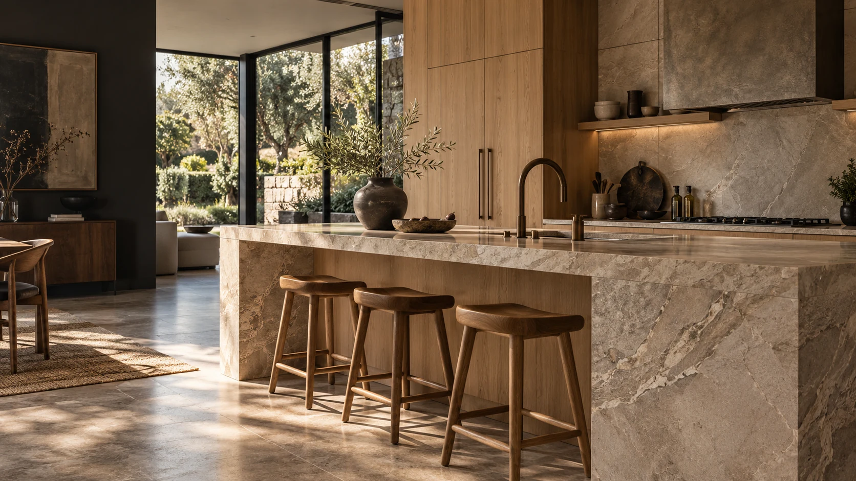 Illustrative kitchen with oak joinery and a natural stone island